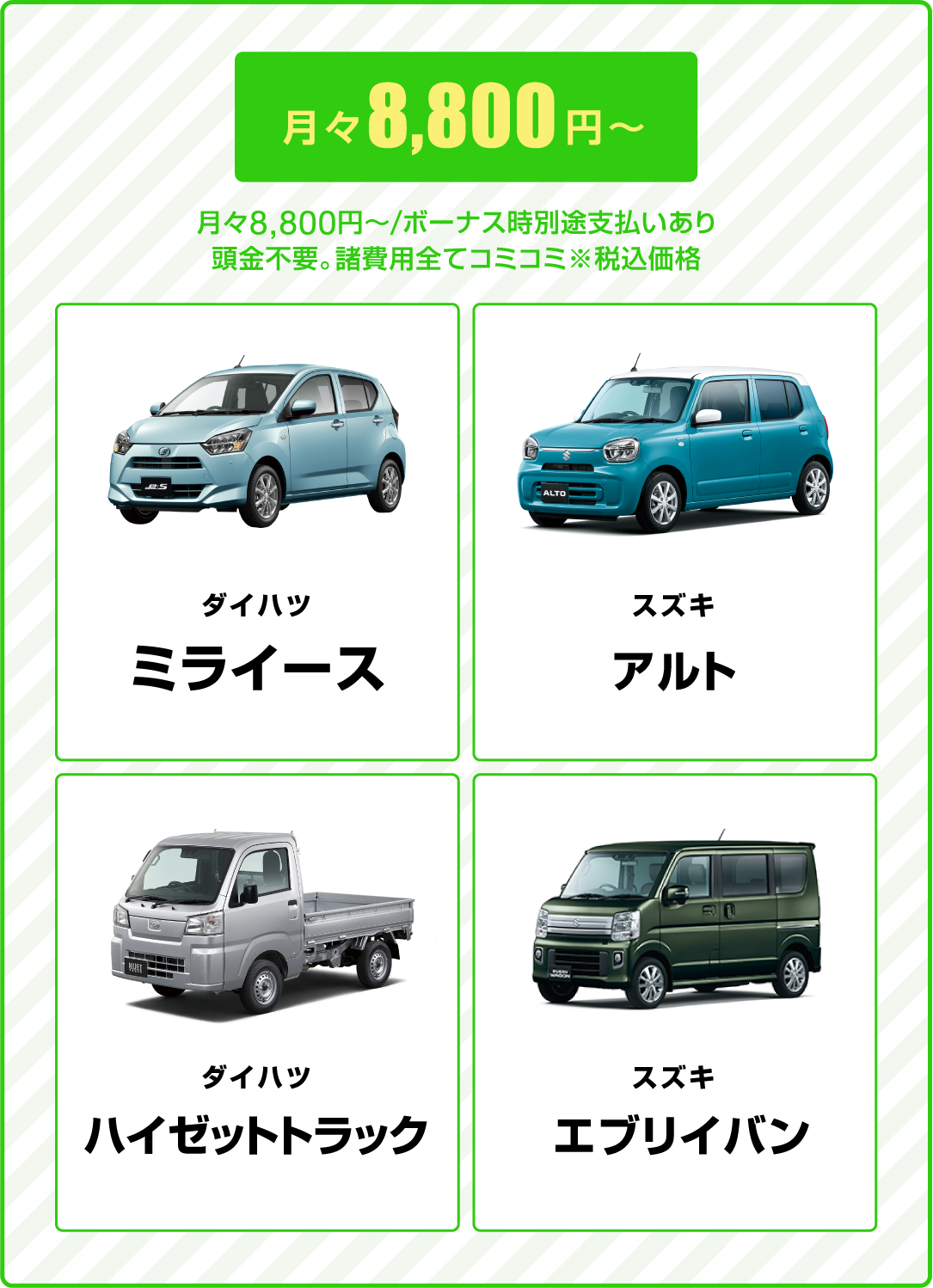 月々8,800円～ダイハツ ミライース、スズキ アルト、ダイハツ ハイゼットトラック、スズキ エブリイバン