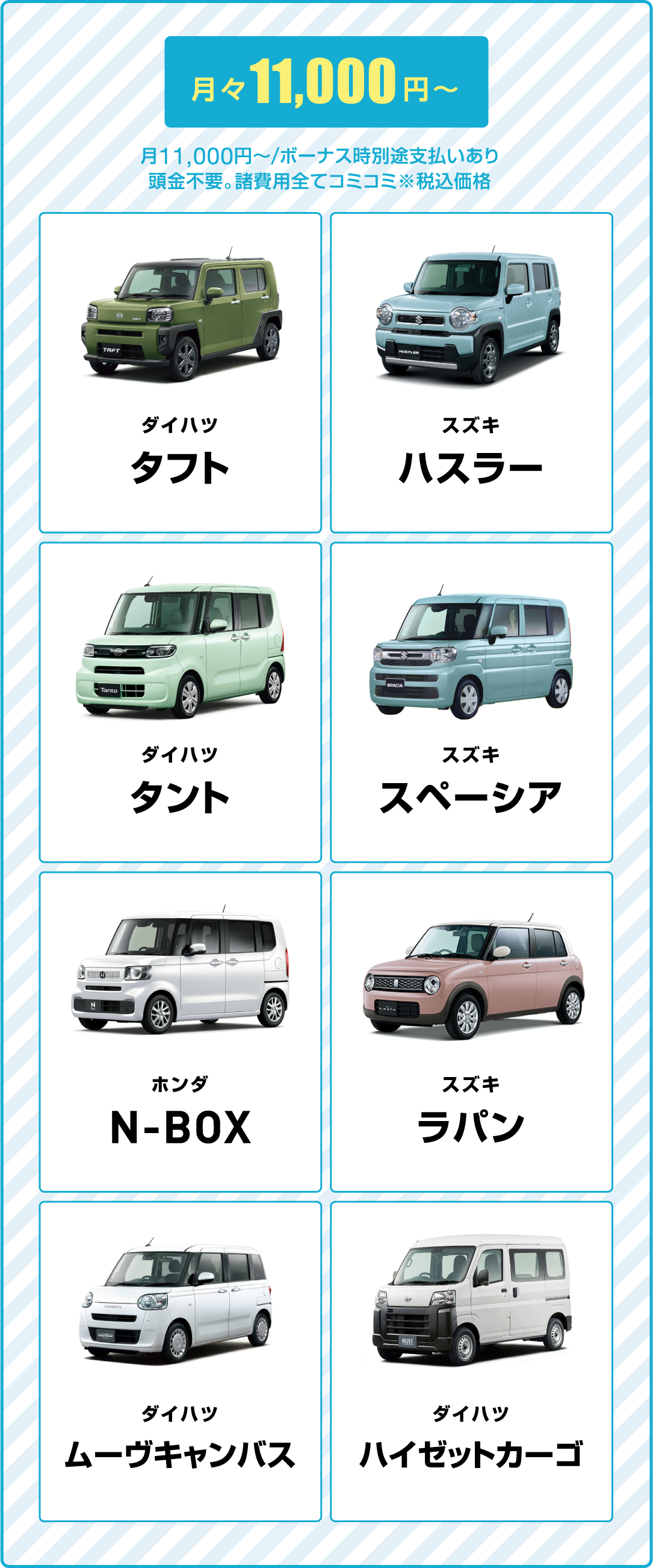 月々11,000円～ダイハツ タフト、スズキ ハスラー、ダイハツ タント、スズキ スペーシア、ホンダ N-BOX、スズキ ラパン、ダイハツ ムーヴキャンバス、ダイハツ ハイゼットカーゴ